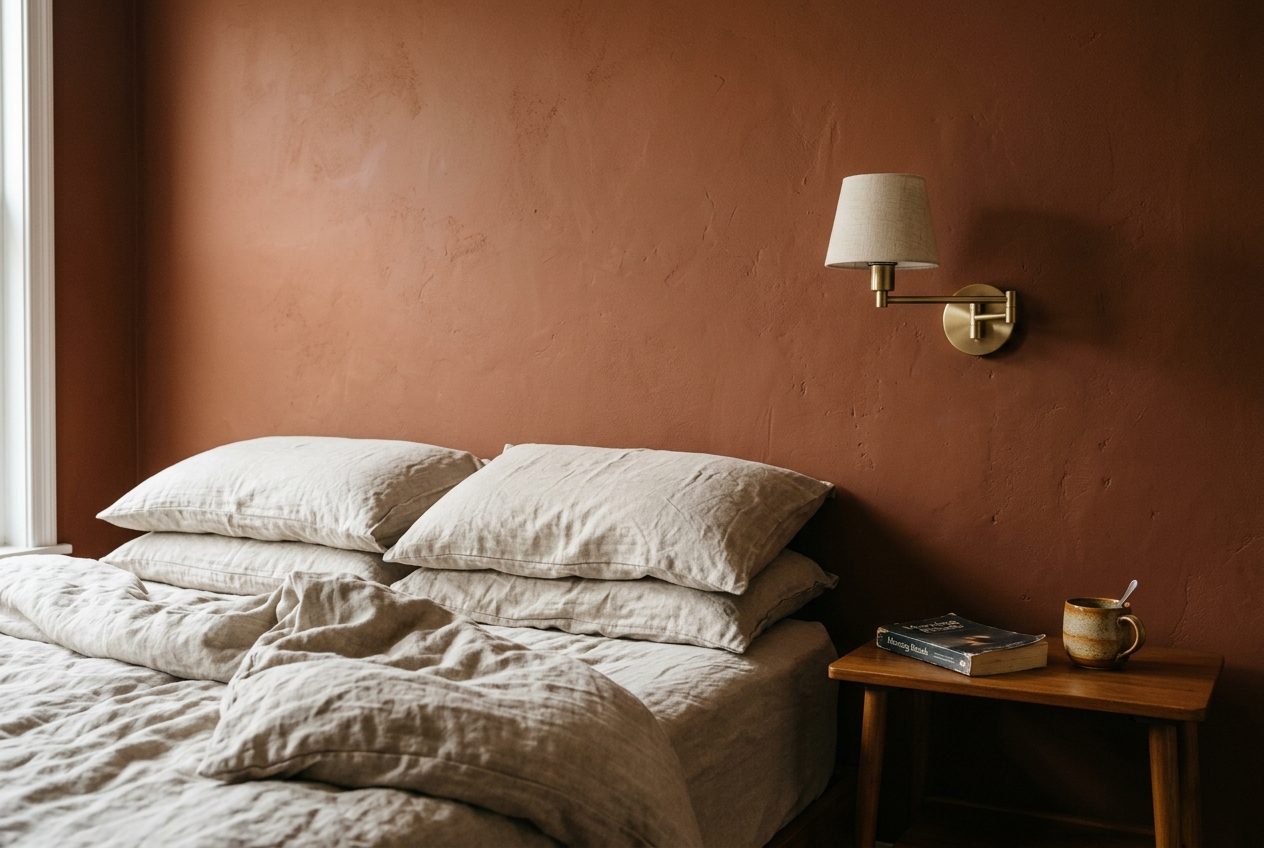 A clay coloured wall behind a bed, with linen and a small brass lamp