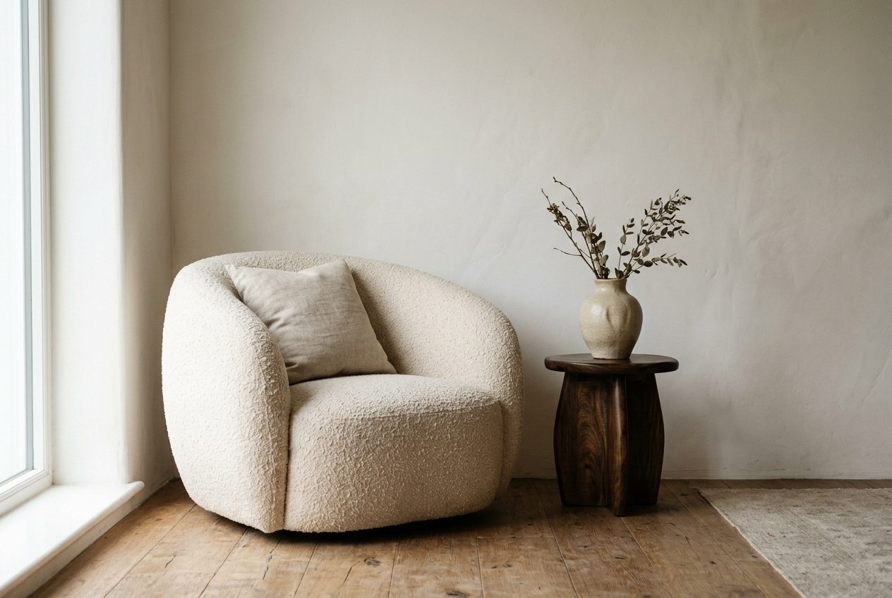 A rounded armchair in bouclé beside a small sculptural side table, soft daylight