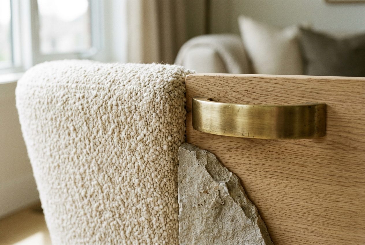 Close detail of bouclé upholstery, oak grain and a brushed brass handle side by side